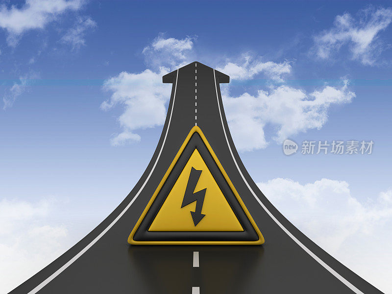 道路箭头与高电压道路标志- 3D渲染